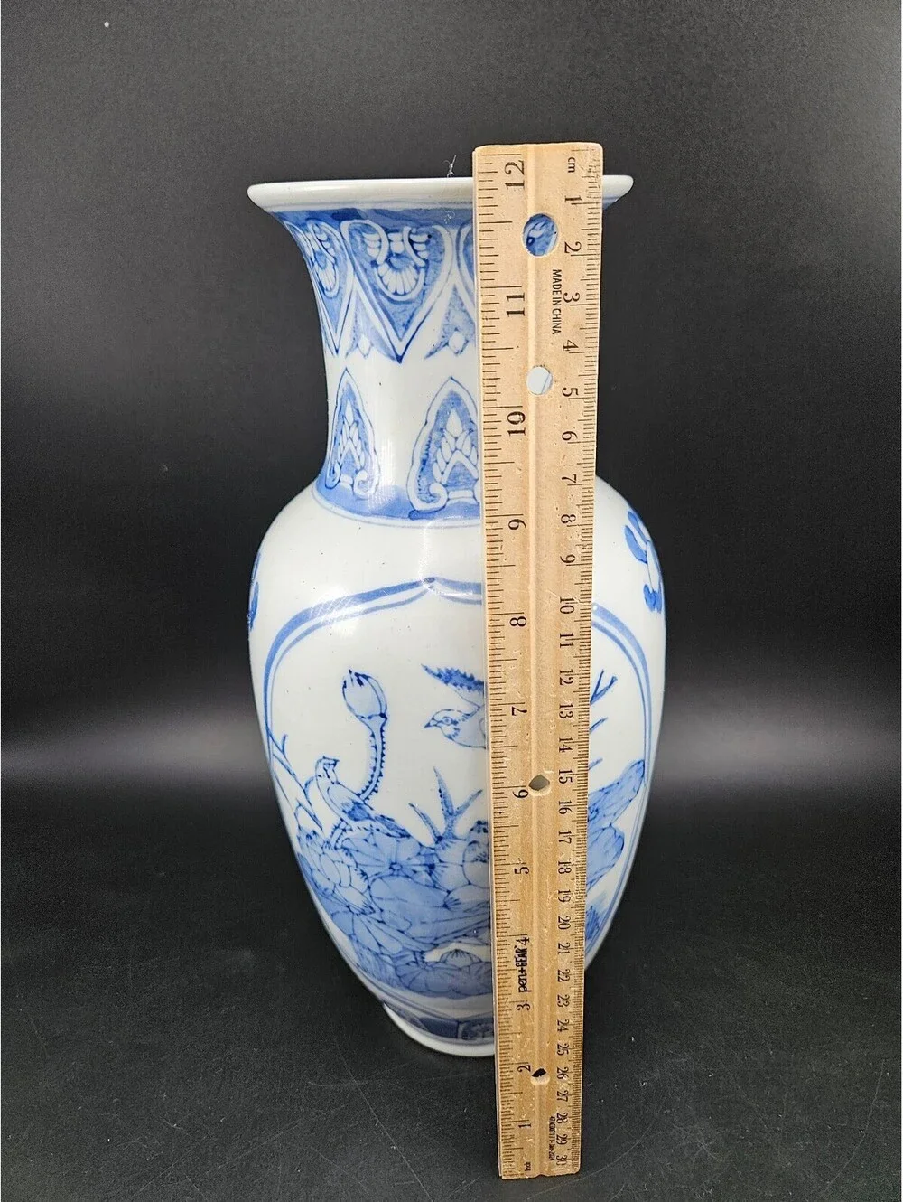 Vintage Blue and White Chinese Porcelain Vase Floral Bird Motif 12” Tall EUC